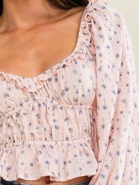 WOMEN'S LONG SLEEVE RUCHED FLORAL PRINT BLOUSE