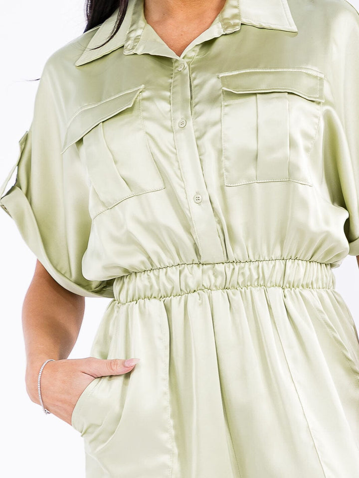 WOMEN'S SHORT SLEEVE BUTTON UP ELASTIC WAIST POCKETS JOGGER LEG JUMPSUIT