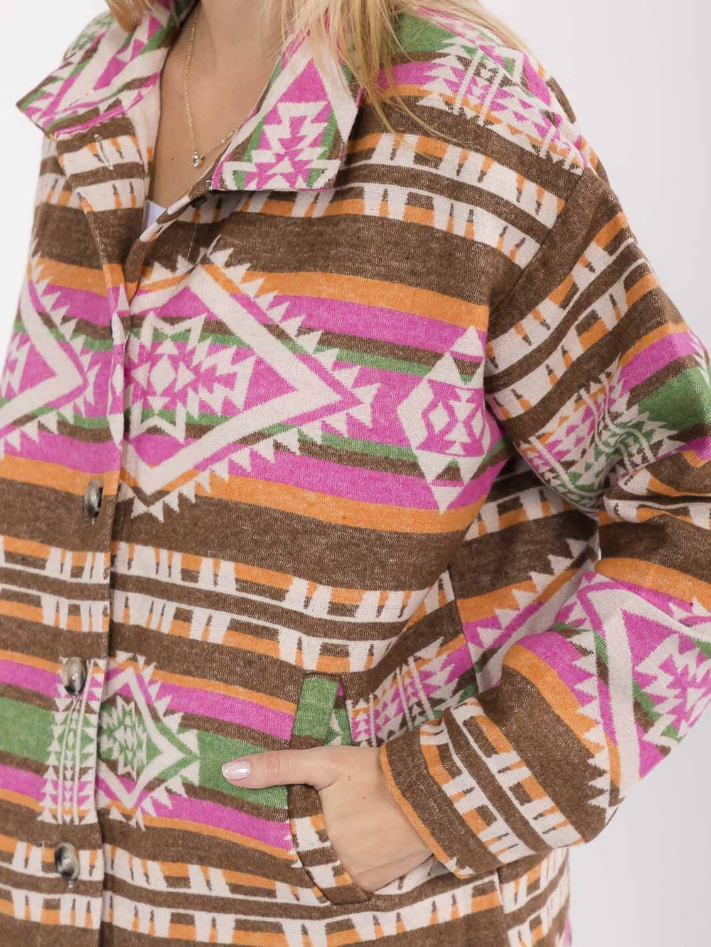 WOMEN'S LONG SLEEVE BUTTON CLOSURE FRONT POCKETS MULTI PRINT JACKET