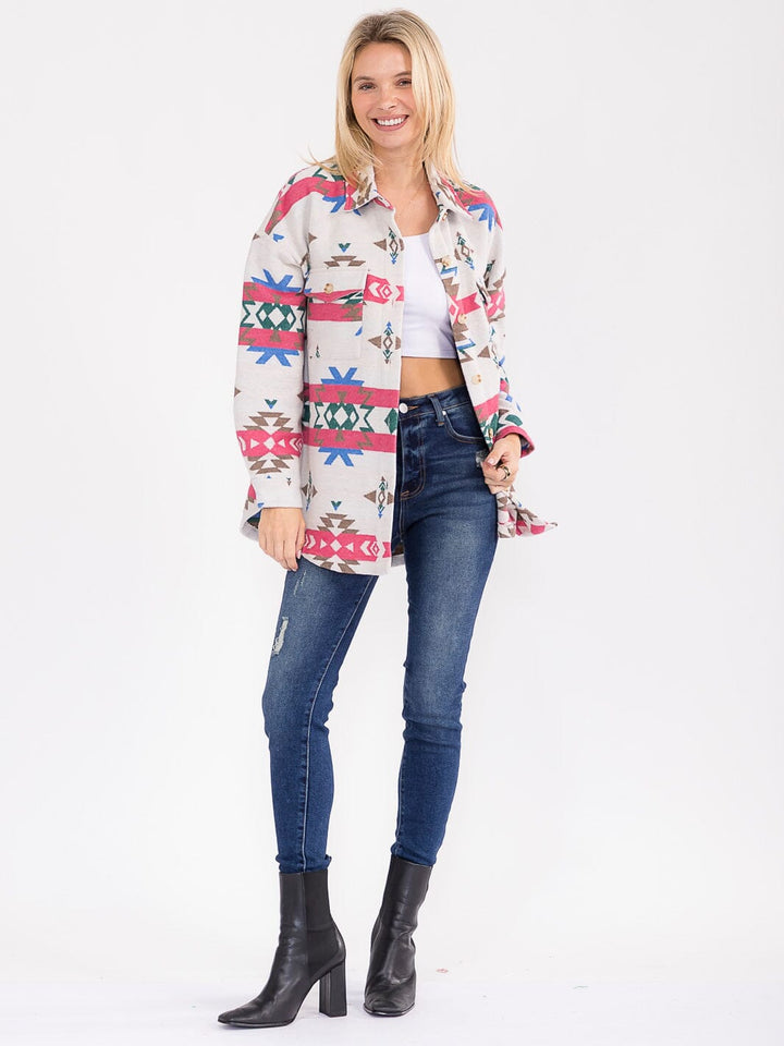 WOMEN'S LONG SLEEVE BUTTON CLOSURE FRONT POCKETS MULTI PRINT JACKET
