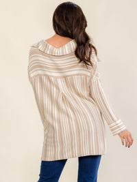 WOMEN'S LONG SLEEVE V-NECK BUTTON CLOSURE FRONT POCKET COLORBLOCK RIBBED SHIRT