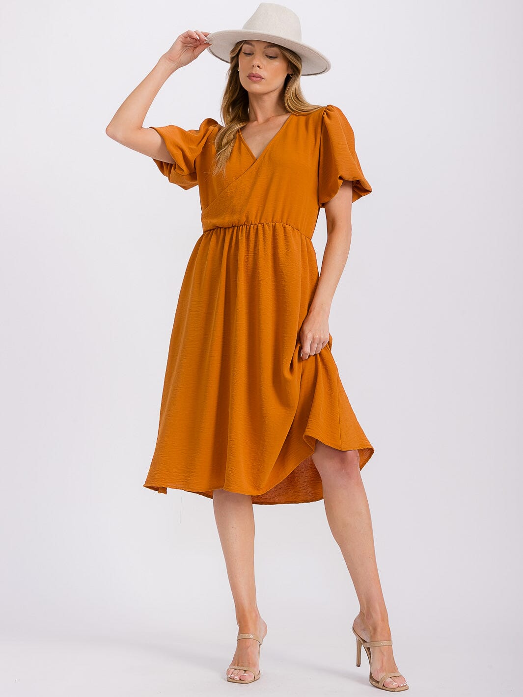 WOMEN'S SHORT PUFF SLEEVE SURPLICE ELASTIC WAIST MIDI DRESS