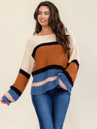 WOMEN'S LONG SLEEVE COLORBLOCK STRIPES PULLOVER KNIT SWEATER
