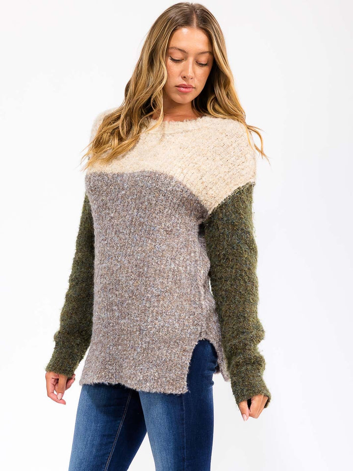 WOMEN'S LONG SLEEVE KNIT COLORBLOCK PULLOVER SWEATER