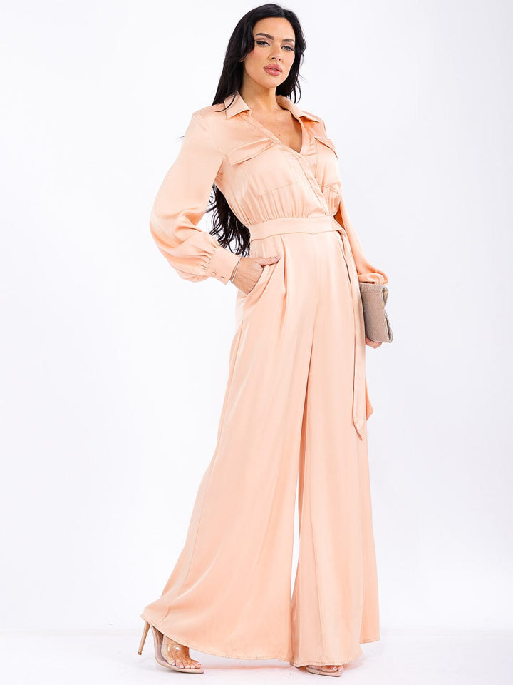 WOMEN'S LONG SLEEVE SURPLICE FRONT POCKETS WIDE LEG JUMPSUIT