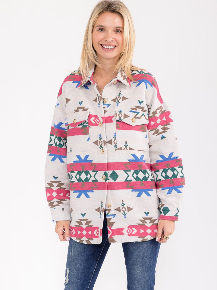 WOMEN'S LONG SLEEVE BUTTON CLOSURE FRONT POCKETS MULTI PRINT JACKET