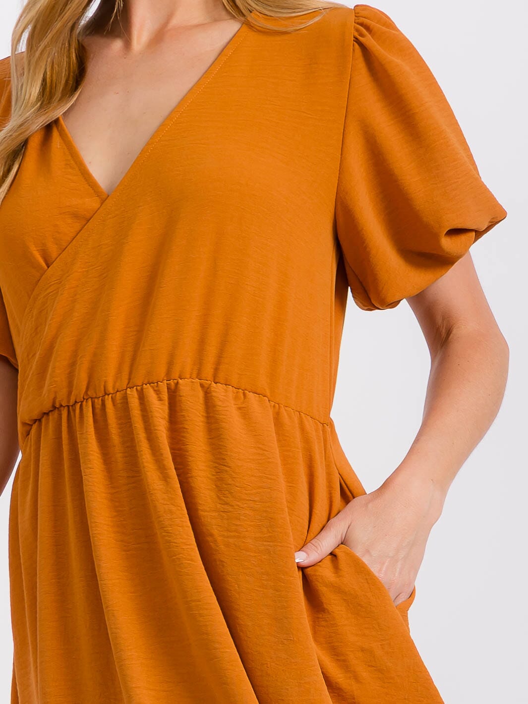 WOMEN'S SHORT PUFF SLEEVE SURPLICE ELASTIC WAIST MIDI DRESS