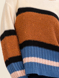 WOMEN'S LONG SLEEVE COLORBLOCK STRIPES PULLOVER KNIT SWEATER