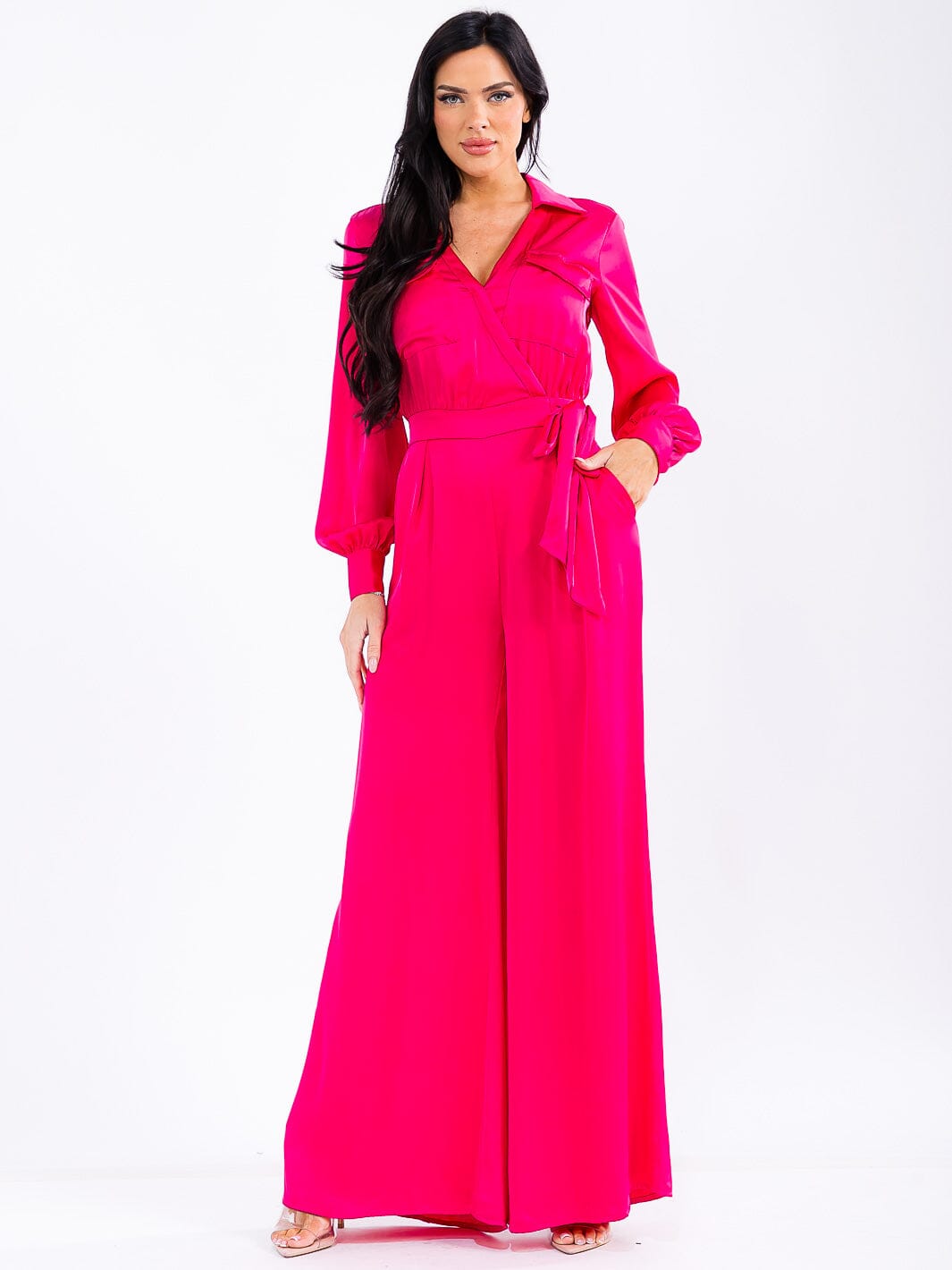 WOMEN'S LONG SLEEVE SURPLICE FRONT POCKETS WIDE LEG JUMPSUIT