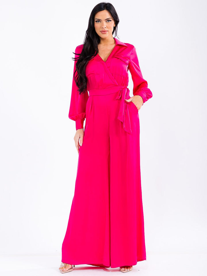 WOMEN'S LONG SLEEVE SURPLICE FRONT POCKETS WIDE LEG JUMPSUIT