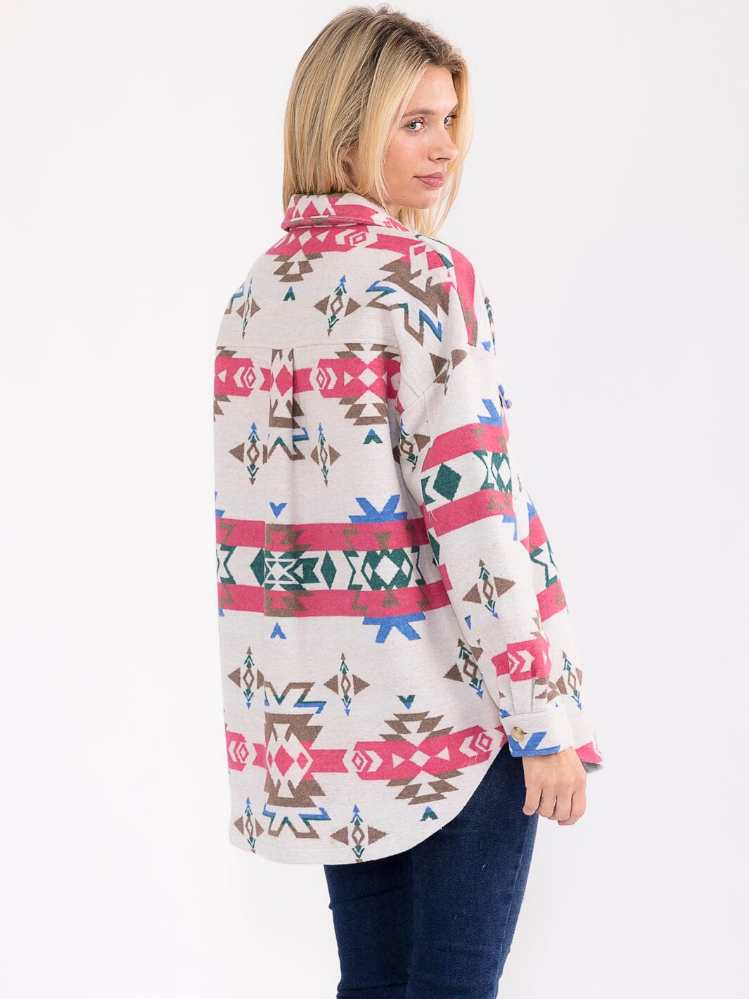 WOMEN'S LONG SLEEVE BUTTON CLOSURE FRONT POCKETS MULTI PRINT JACKET