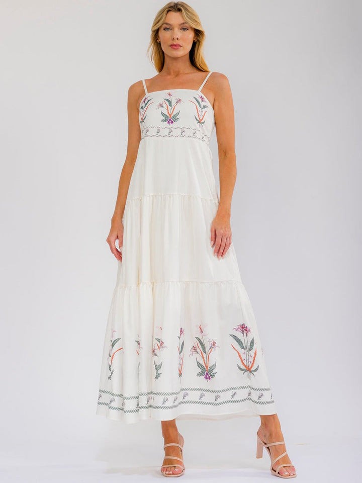 WOMEN'S SLEEVELESS SQUARE NECK SMOCK FLORAL PRINT TIERED MAXI DRESS