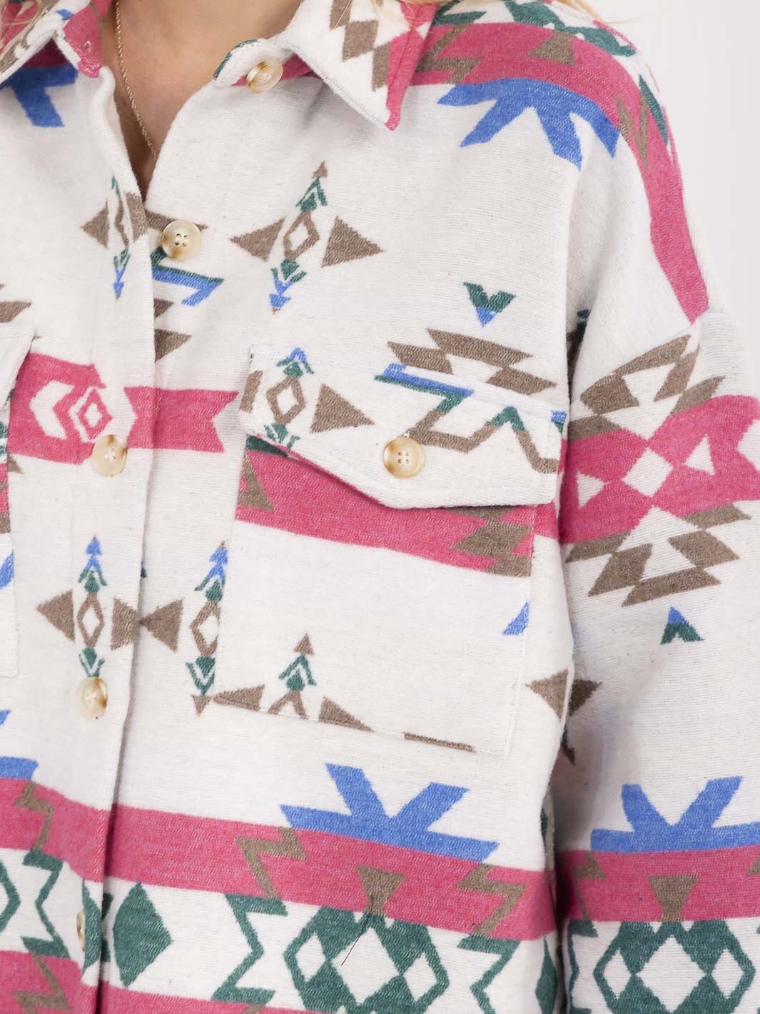 WOMEN'S LONG SLEEVE BUTTON CLOSURE FRONT POCKETS MULTI PRINT JACKET