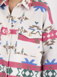 WOMEN'S LONG SLEEVE BUTTON CLOSURE FRONT POCKETS MULTI PRINT JACKET