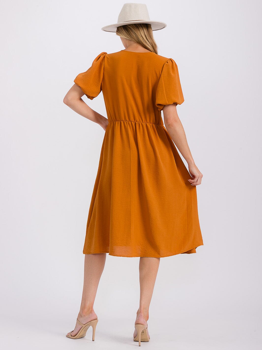 WOMEN'S SHORT PUFF SLEEVE SURPLICE ELASTIC WAIST MIDI DRESS