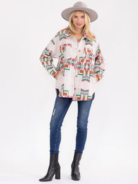WOMEN'S LONG SLEEVE BUTTON CLOSURE FRONT POCKETS MULTI PRINT JACKET