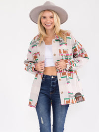 WOMEN'S LONG SLEEVE BUTTON CLOSURE FRONT POCKETS MULTI PRINT JACKET