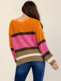 WOMEN'S LONG SLEEVE COLORBLOCK STRIPES PULLOVER KNIT SWEATER