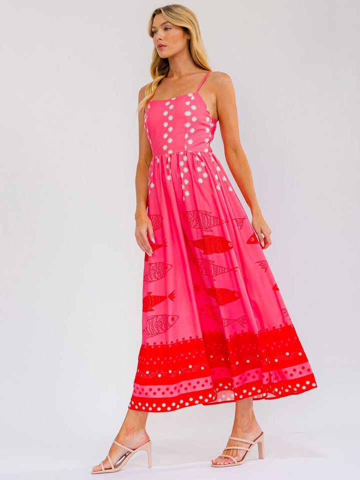 WOMEN'S SLEEVELESS SMOCK MULTI PRINT MAXI DRESS