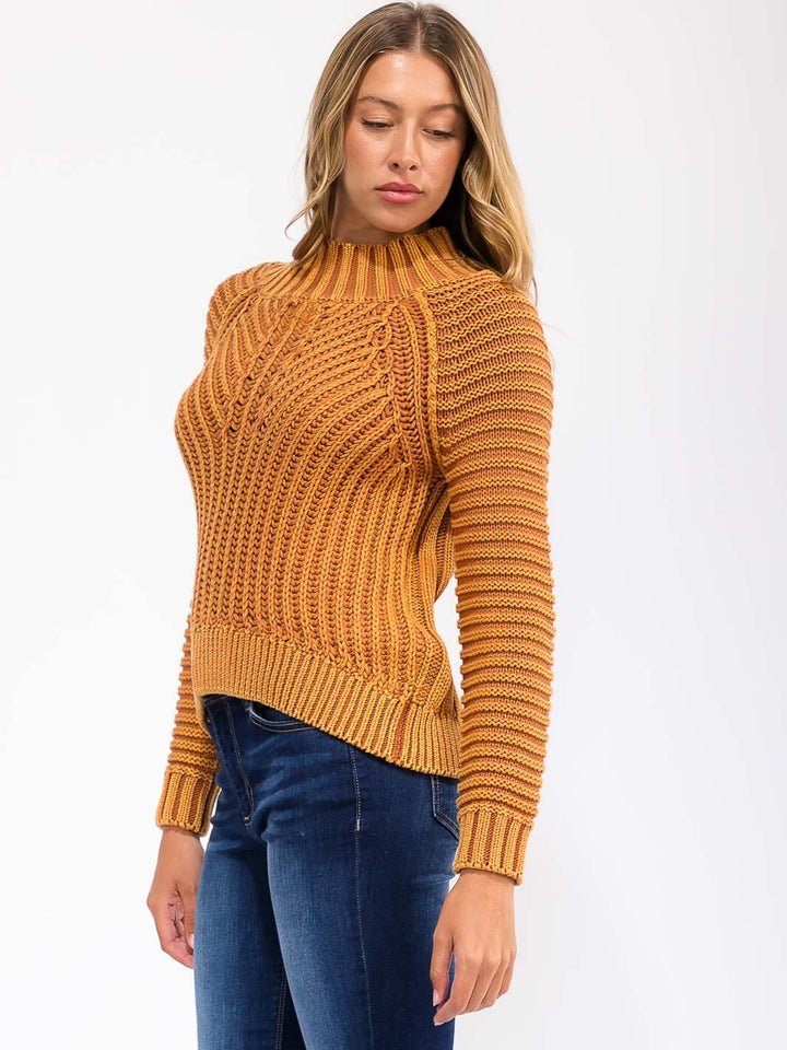 WOMEN'S LONG SLEEVE MOCK NECK RIBBED PULLOVER SWEATER