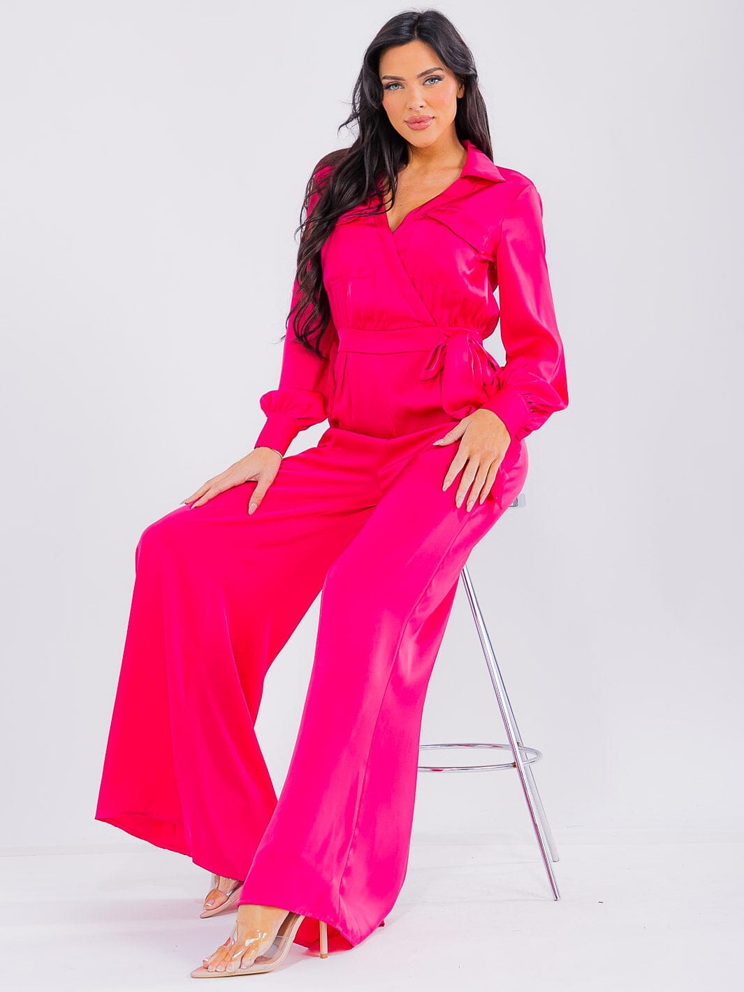 WOMEN'S LONG SLEEVE SURPLICE FRONT POCKETS WIDE LEG JUMPSUIT