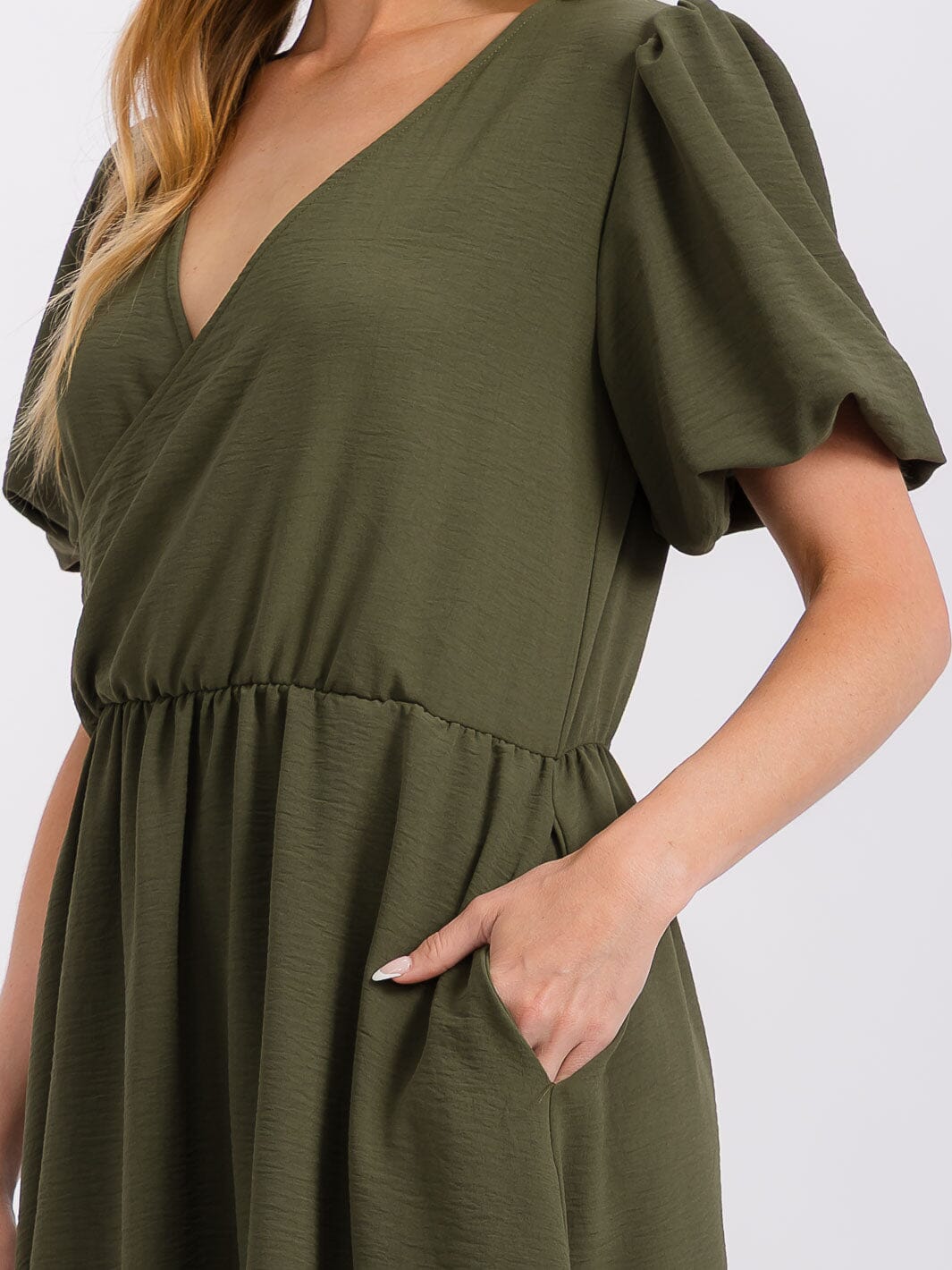 WOMEN'S SHORT PUFF SLEEVE SURPLICE ELASTIC WAIST MIDI DRESS