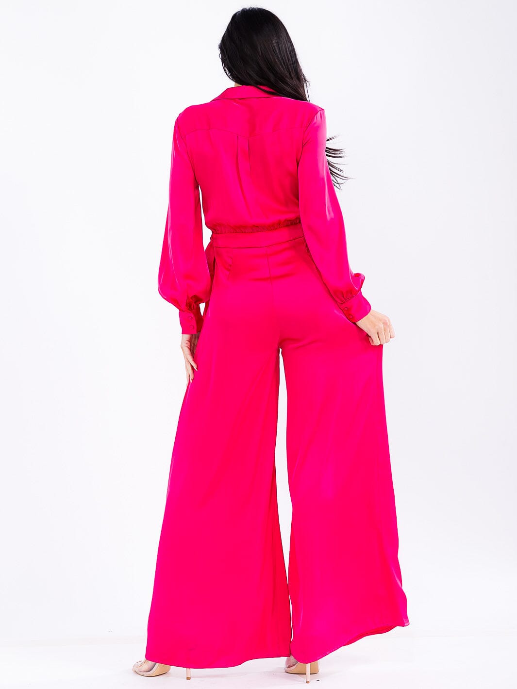WOMEN'S LONG SLEEVE SURPLICE FRONT POCKETS WIDE LEG JUMPSUIT