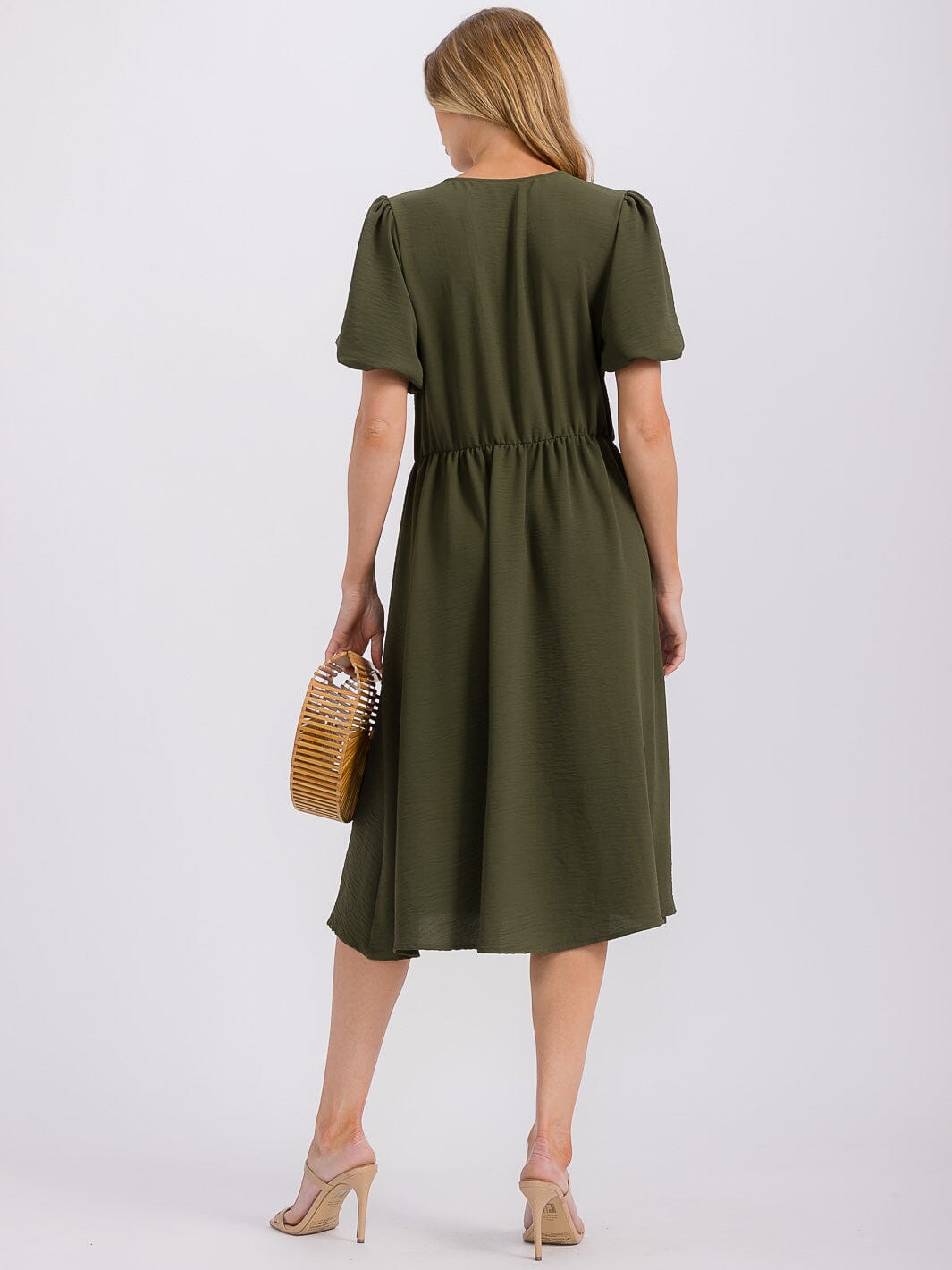 WOMEN'S SHORT PUFF SLEEVE SURPLICE ELASTIC WAIST MIDI DRESS