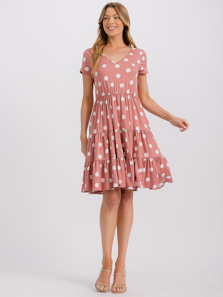 WOMEN'S SHORT SLEEVE V-NECK FRONT POCKETS POLKA DOTS TUNIC MINI DRESS