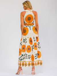 WOMEN'S SLEEVELESS HALTER NECK SELF TIE FLORAL PRINT MAXI DRESS