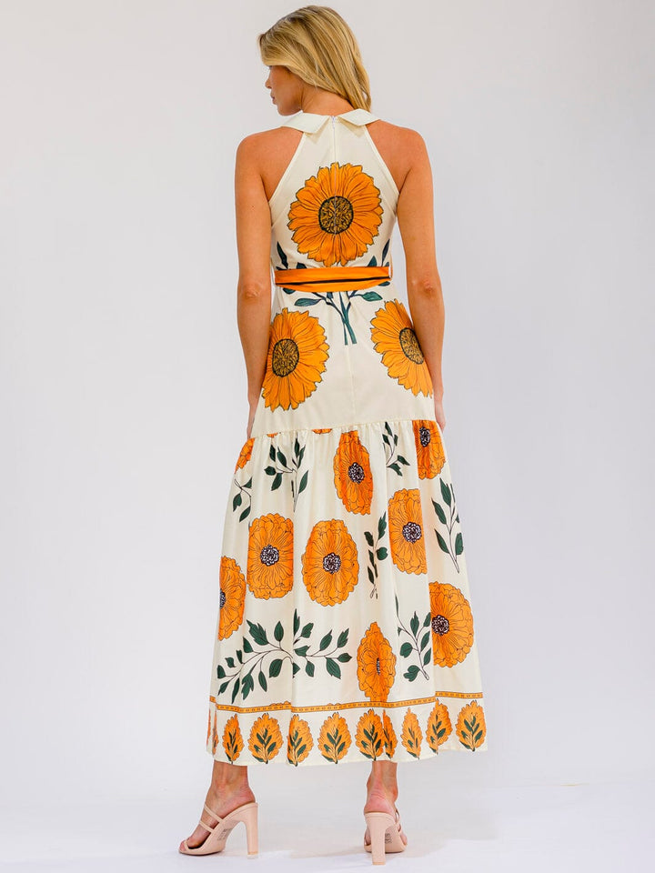 WOMEN'S SLEEVELESS HALTER NECK SELF TIE FLORAL PRINT MAXI DRESS