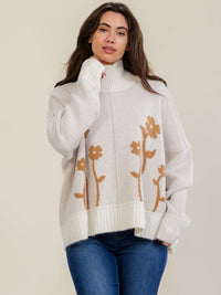 WOMEN'S LONG SLEEVE TURTLE NECK PULLOVER FLORAL PRINT SWEATER