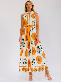 WOMEN'S SLEEVELESS HALTER NECK SELF TIE FLORAL PRINT MAXI DRESS
