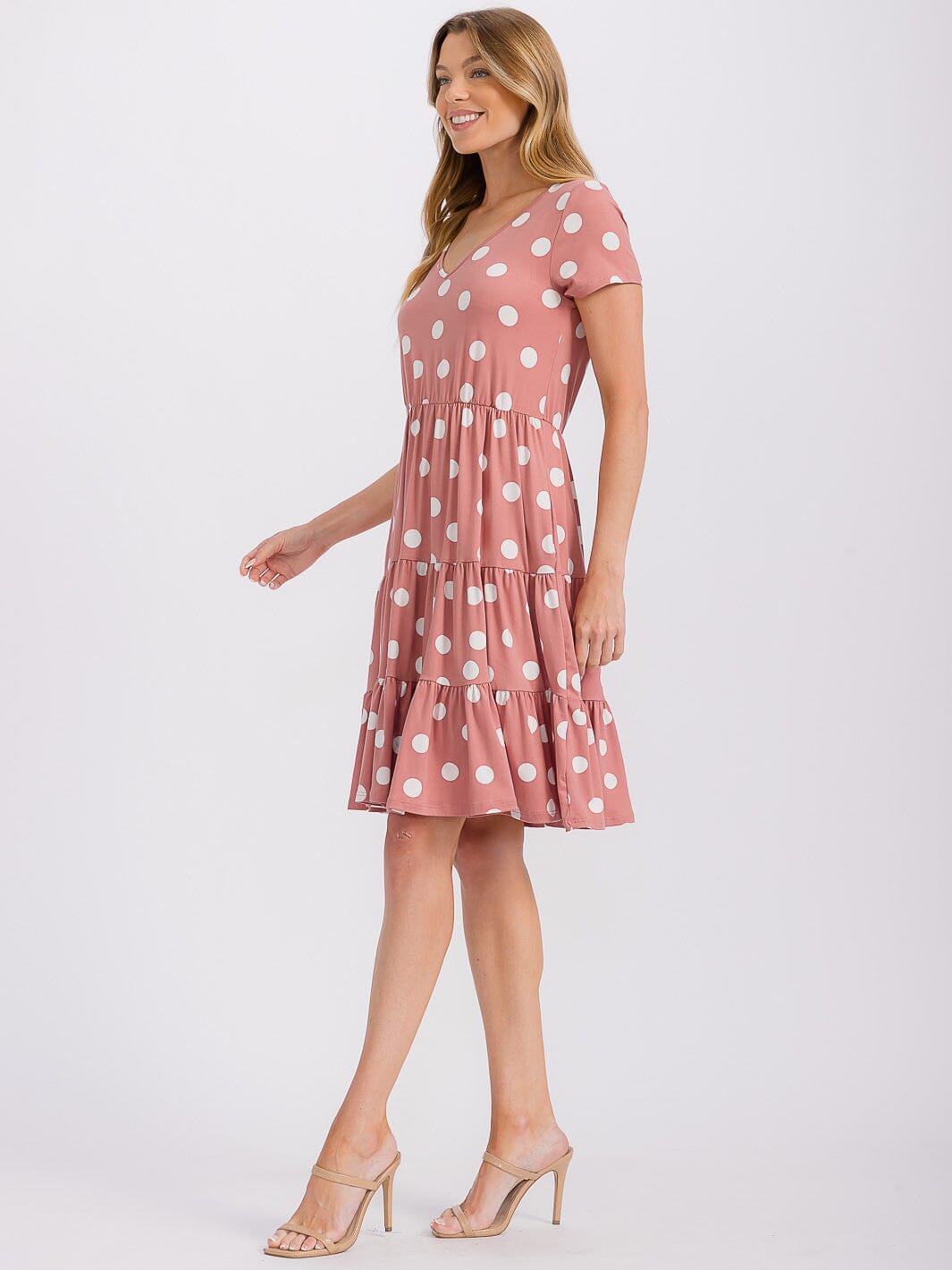 WOMEN'S SHORT SLEEVE V-NECK FRONT POCKETS POLKA DOTS TUNIC MINI DRESS
