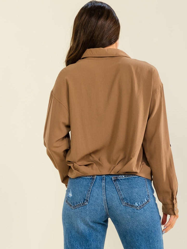 ENTRO WOMEN'S LONG SLEEVE BUTTON UP ELASTIC WAIST BLOUSE