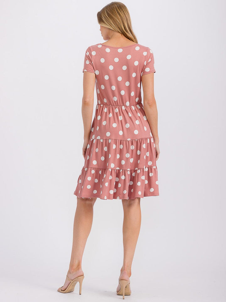 WOMEN'S SHORT SLEEVE V-NECK FRONT POCKETS POLKA DOTS TUNIC MINI DRESS