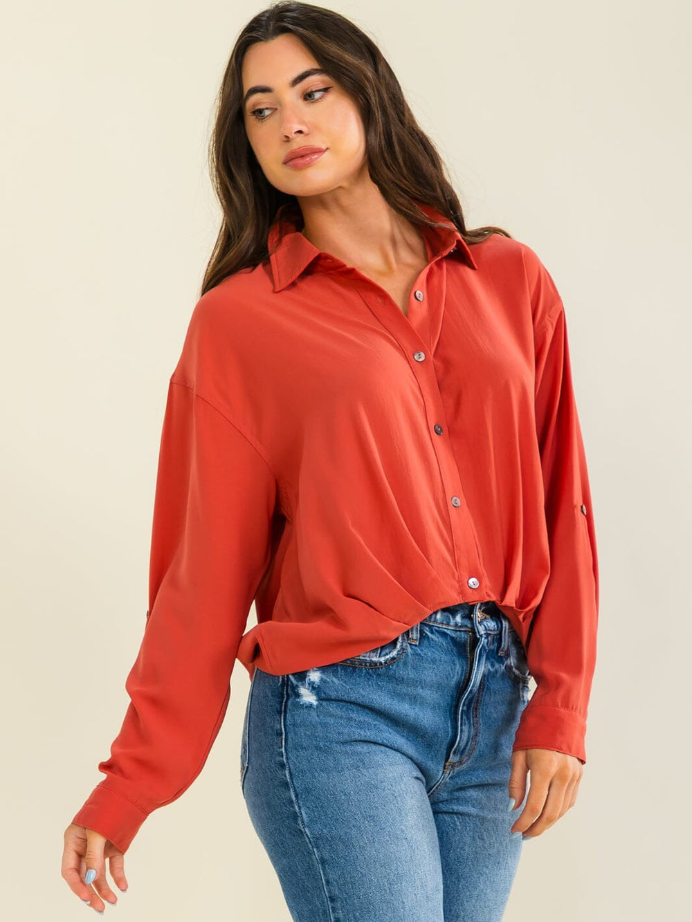 ENTRO WOMEN'S LONG SLEEVE BUTTON UP ELASTIC WAIST BLOUSE