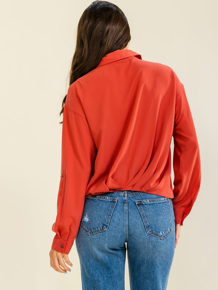 ENTRO WOMEN'S LONG SLEEVE BUTTON UP ELASTIC WAIST BLOUSE