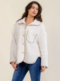 WOMEN'S LONG SLEEVE BUTTON CLOSURE FRONT POCKET FLORAL SHERPA JACKET