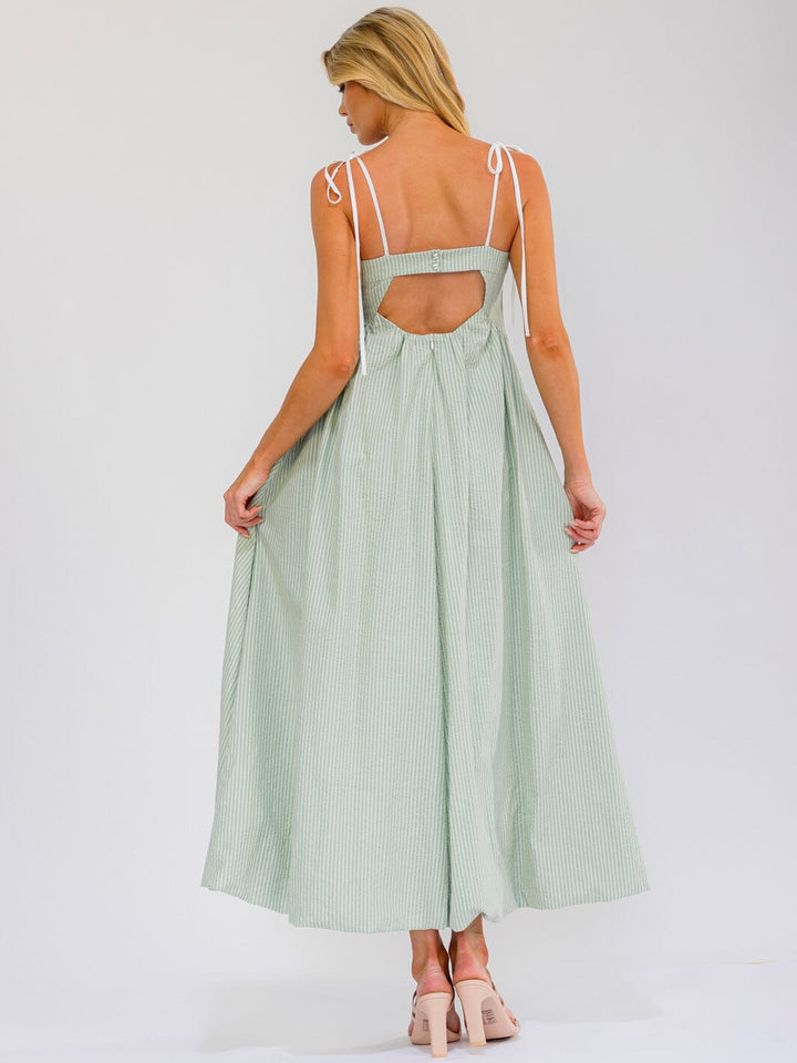 WOMEN'S SLEEVELESS SQUARE NECK POCKETS OPEN BACK STRIPES MAXI DRESS