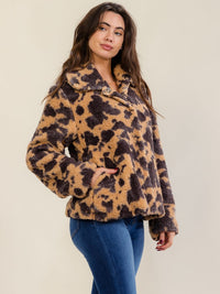WOMEN'S LONG SLEEVE BUTTON UP FRONT PPOCKETS ANIMAL PRINT SHERPA JACKET
