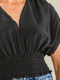WOMEN'S SHORT SLEEVE V-NECK SMOCK WAIST BLOUSE