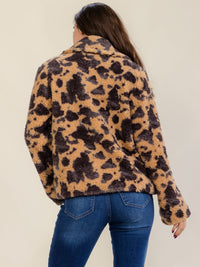 WOMEN'S LONG SLEEVE BUTTON UP FRONT PPOCKETS ANIMAL PRINT SHERPA JACKET
