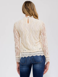 WOMEN'S LONG SLEEVE MOCK NECK TRIM DETAILED LACE BLOUSE