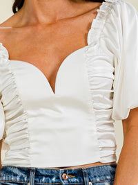 WOMEN'S SHORT PUFF SLEEVE V-NECK SMOCK RUCHED BLOUSE