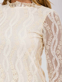 WOMEN'S LONG SLEEVE MOCK NECK TRIM DETAILED LACE BLOUSE