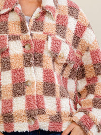 WOMEN'S LONG SLEEVE BUTTON CLOSURE FRONT POCKET PLAID SHERPA JACKET