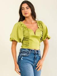 WOMEN'S SHORT PUFF SLEEVE V-NECK SMOCK RUCHED BLOUSE