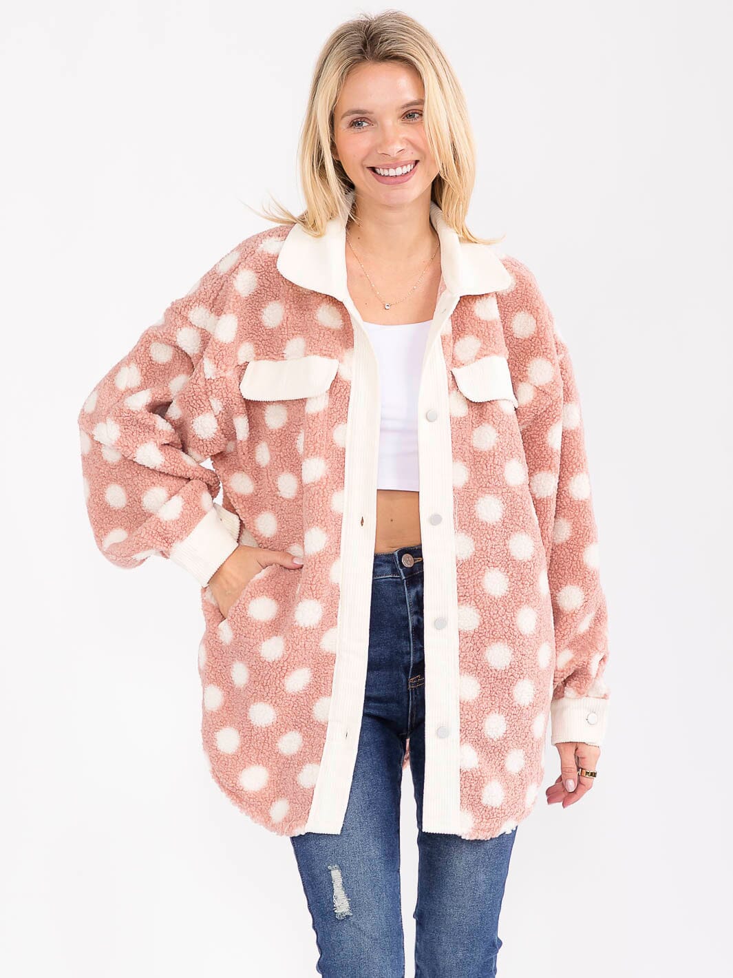 WOMEN'S LONG SLEEVE BUTTON CLOSURE FRONT POCKETS POLKA DOTS JACKET