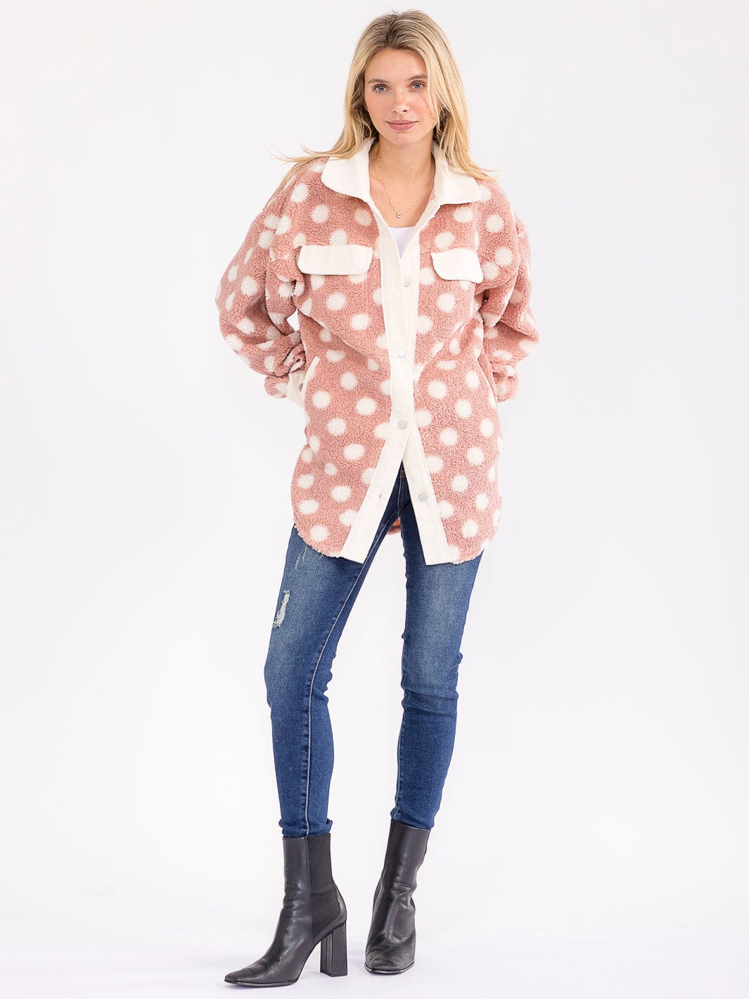 WOMEN'S LONG SLEEVE BUTTON CLOSURE FRONT POCKETS POLKA DOTS JACKET